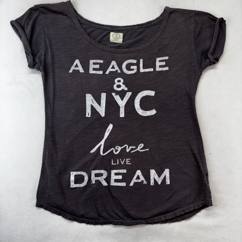 American Eagle Graphic T-Shirt Womens Large Gray NYC Love Live Dream Vintage T